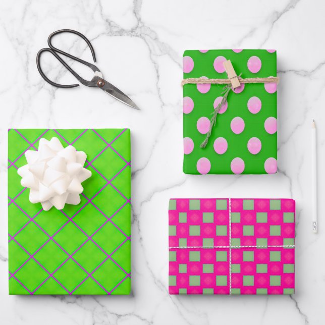 Vibrant Green and Pink Varied Geometric Pattern  Wrapping Paper Sheets (Front)