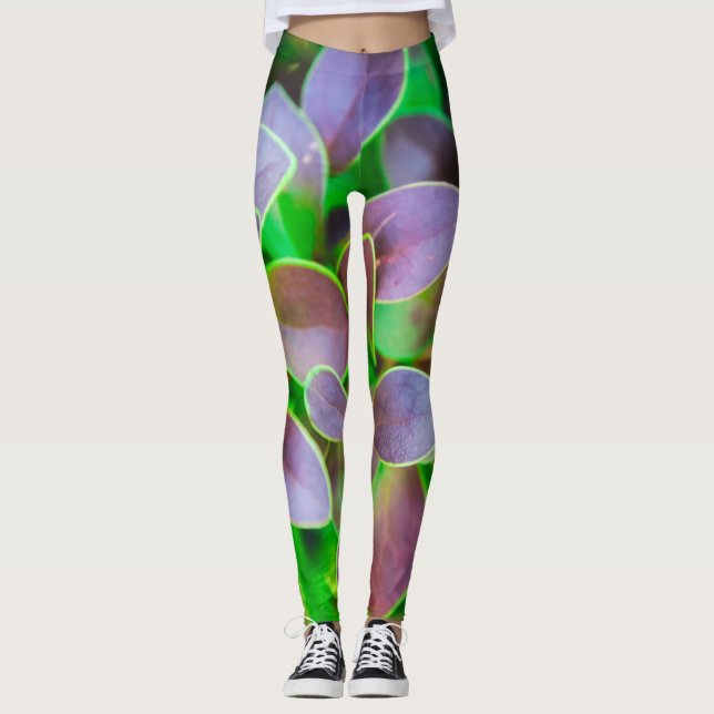 Vibrant green and purple leaves leggings (Front)
