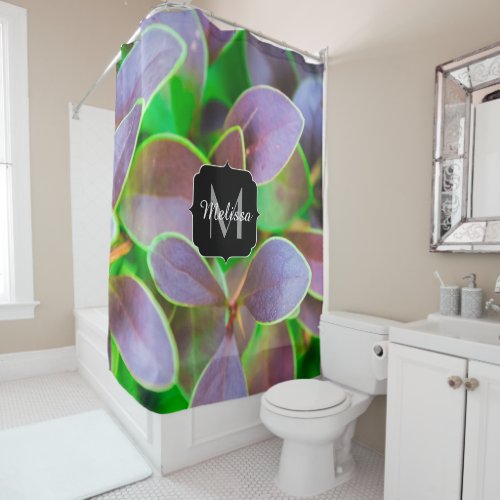 Vibrant green and purple leaves Monogram Shower Curtain