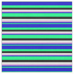 [ Thumbnail: Vibrant  Green, Blue, Plum, White & Black Lines Fabric ]