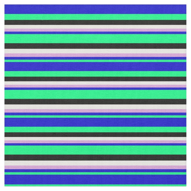 Vibrant  Green, Blue, Plum, White & Black Lines Fabric (Close Up)