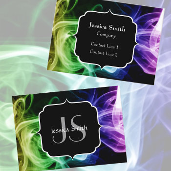 Vibrant Green Blue Purple Abstract Smoke Monogram Business Card by PLdesign at Zazzle