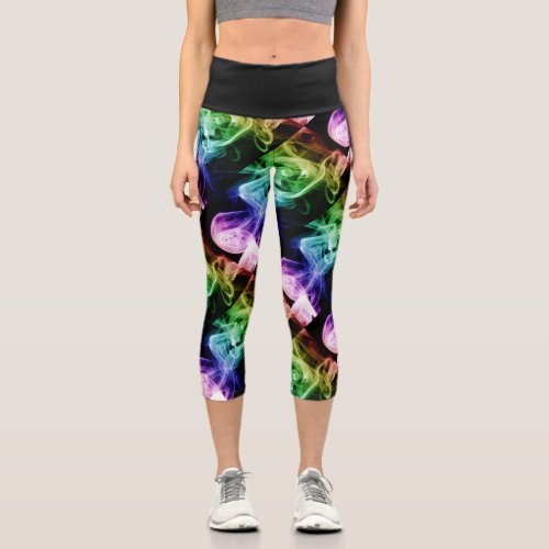 Vibrant Green Blue Purple Abstract Smoke pattern Capri Leggings