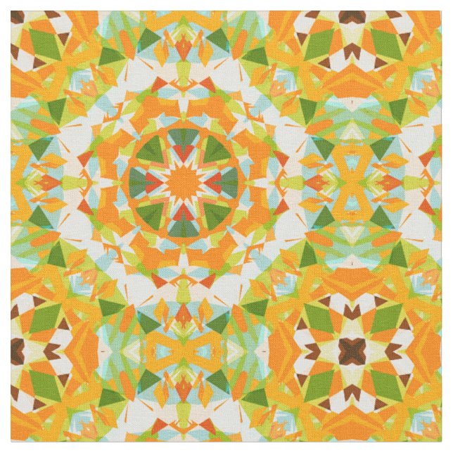Vibrant Green Bright Orange Repeating Star Pattern Fabric (Close Up)