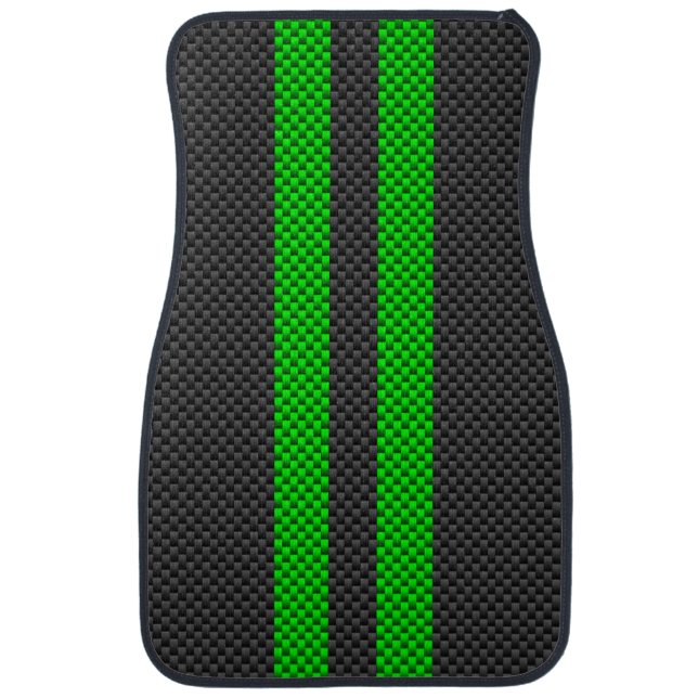 Vibrant Green Carbon Fiber Style Racing Stripes Car Mat (Front)