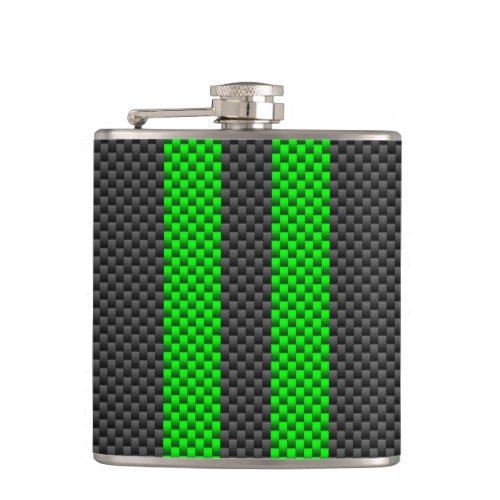 Vibrant Green Carbon Fiber Style Racing Stripes Hip Flask