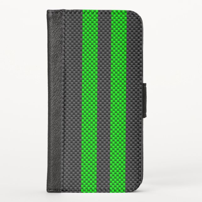 Vibrant Green Carbon Fiber Style Racing Stripes iPhone Wallet Case (Front)