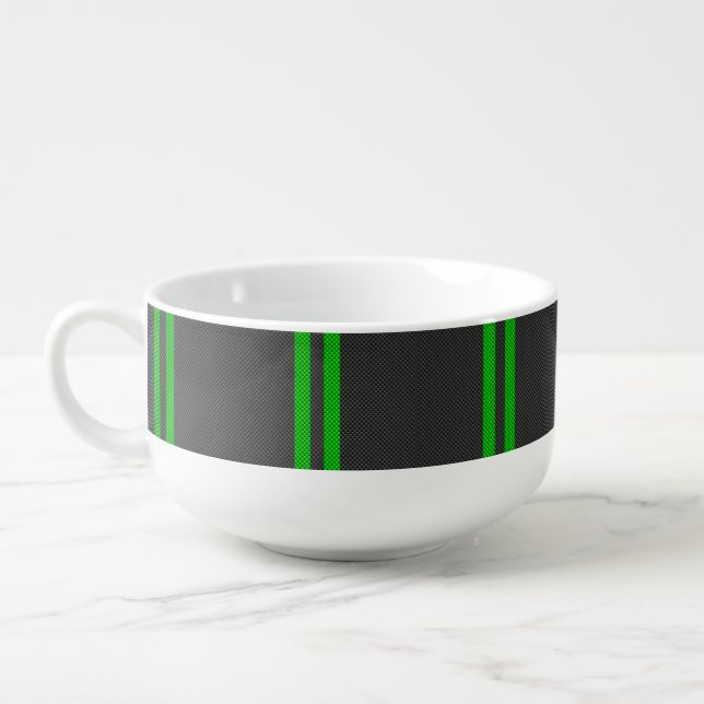 Vibrant Green Carbon Fiber Style Racing Stripes Soup Mug (Right)