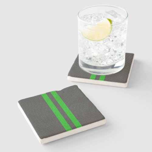 Vibrant Green Carbon Fiber Style Racing Stripes Stone Coaster