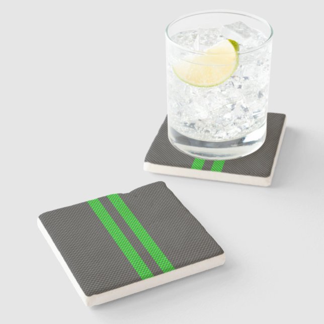 Vibrant Green Carbon Fiber Style Racing Stripes Stone Coaster (Side)