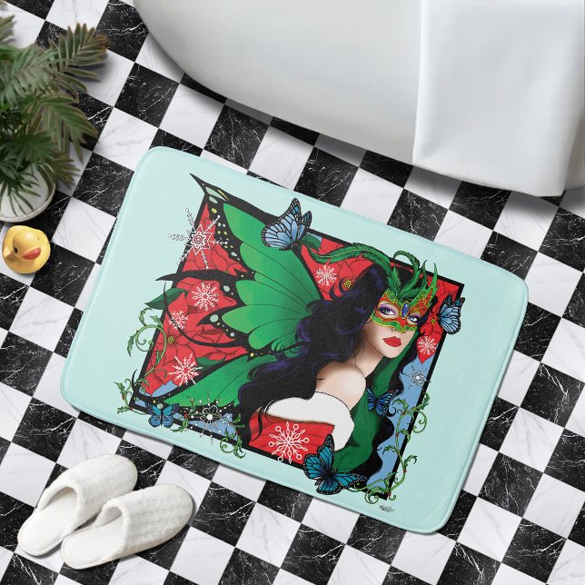 Vibrant Green Fantasy Masquerade Fairy Christmas Bath Mat (Creator Uploaded)