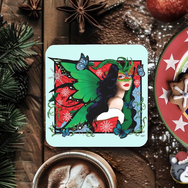 Vibrant Green Fantasy Masquerade Fairy Christmas Beverage Coaster (Creator Uploaded)
