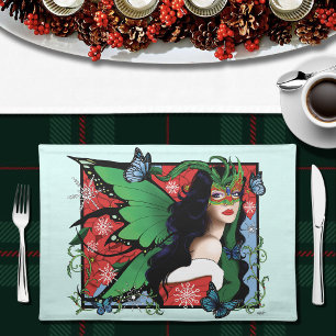 Vibrant Green Fantasy Masquerade Fairy Christmas Cloth Placemat
