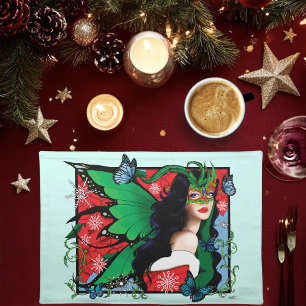 Vibrant Green Fantasy Masquerade Fairy Christmas Cloth Placemat