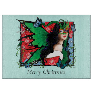 Vibrant Green Fantasy Masquerade Fairy Christmas Cutting Board