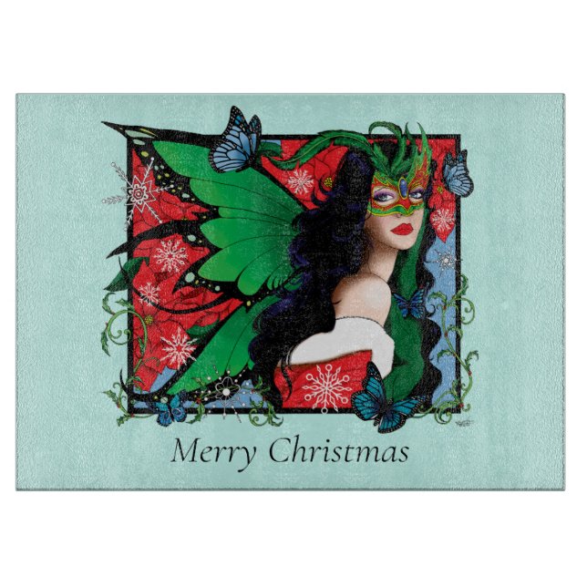 Vibrant Green Fantasy Masquerade Fairy Christmas Cutting Board (Front)