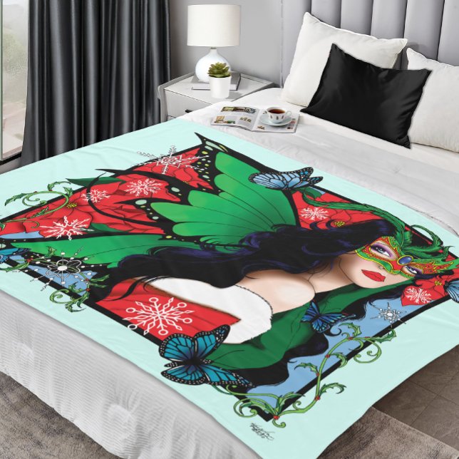 Vibrant Green Fantasy Masquerade Fairy Christmas Fleece Blanket (Creator Uploaded)