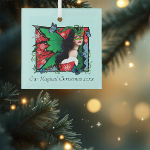 Vibrant Green Fantasy Masquerade Fairy Christmas Glass Ornament
