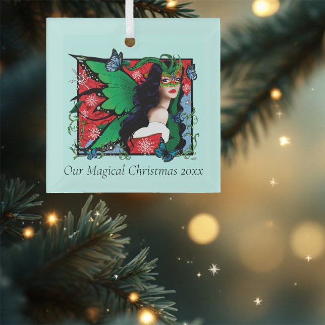 Vibrant Green Fantasy Masquerade Fairy Christmas Glass Ornament (Creator Uploaded)