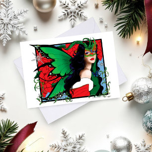 Vibrant Green Fantasy Masquerade Fairy Christmas  Holiday Card