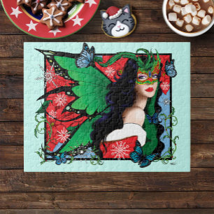 Vibrant Green Fantasy Masquerade Fairy Christmas Jigsaw Puzzle