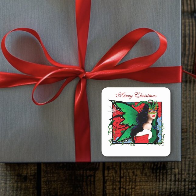 Vibrant Green Fantasy Masquerade Fairy Christmas Square Sticker (Creator Uploaded)