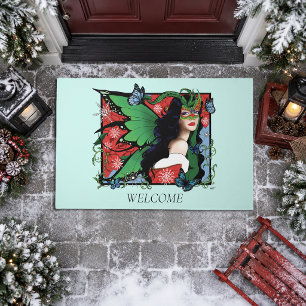 Vibrant Green Fantasy Masquerade Fairy Chritsmas Doormat