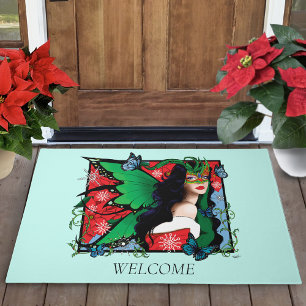Vibrant Green Fantasy Masquerade Fairy Chritsmas Doormat