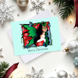 Vibrant Green Fantasy Masquerade Fairy Chritsmas Holiday Card