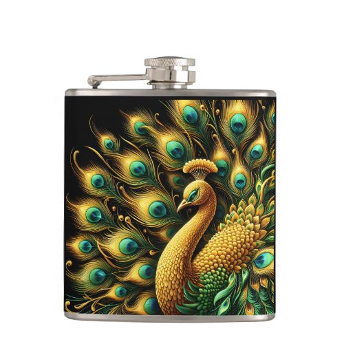 Vibrant green feathers of a majestic peacock flask