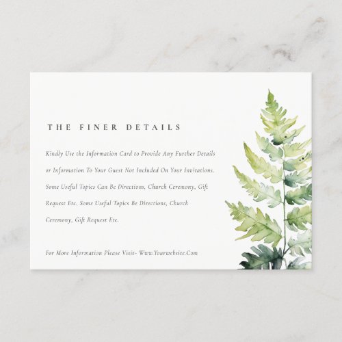 Vibrant Green Fern Foliage Wedding Detail Enclosure Card