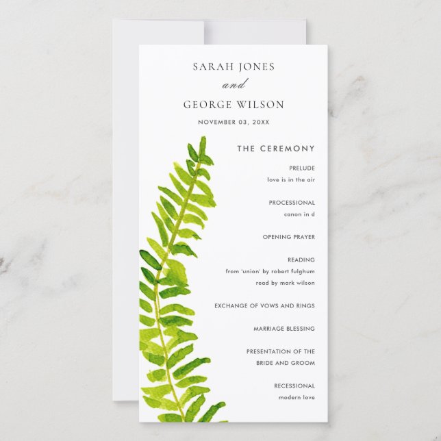 Vibrant Green Fern Foliage Wedding Program Card (Front)