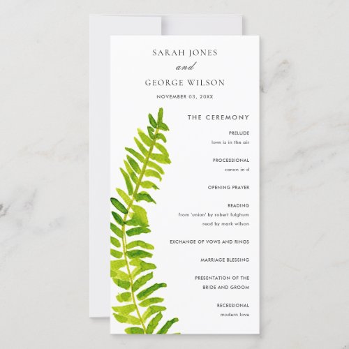 Vibrant Green Fern Foliage Wedding Program Card