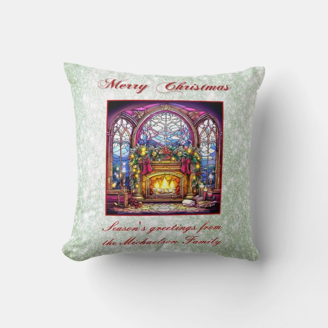 Vibrant Green Glitter Stained Glass Cosy Fireplace Throw Pillow (Front)