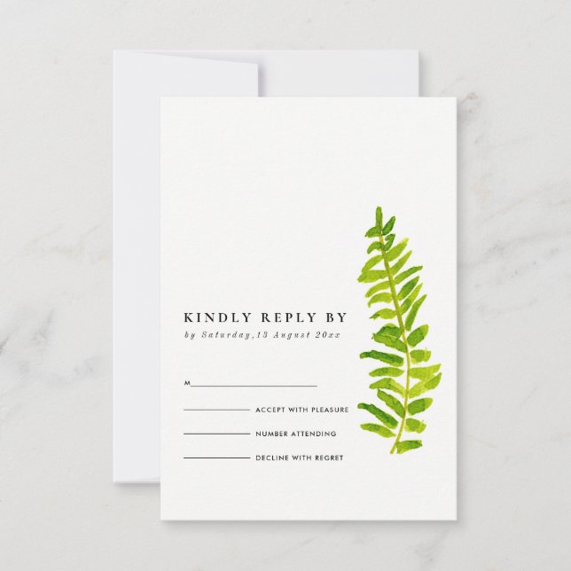 VIBRANT GREEN GOLD WATERCOLOUR FERN FOLIAGE RSVP CARD (Front)