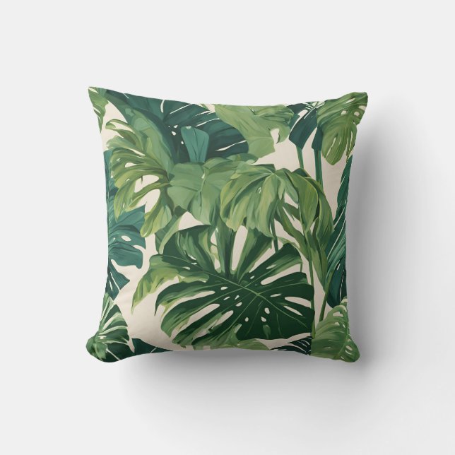 Vibrant Green Lush Palm Leaves & Monstera Throw Pillow (Front)