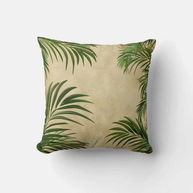 Vibrant Green Palm Leaf Pattern Throw Pillow (Front)