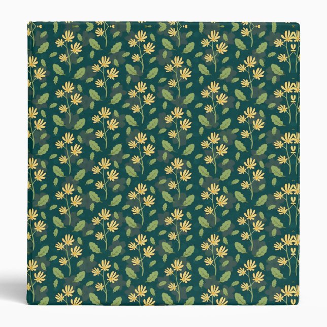 Vibrant Green Pattern with Yellow Flowers & Leaves 3 Ring Binder (Front)