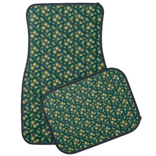 Vibrant Green Pattern with Yellow Flowers & Leaves Car Floor Mat