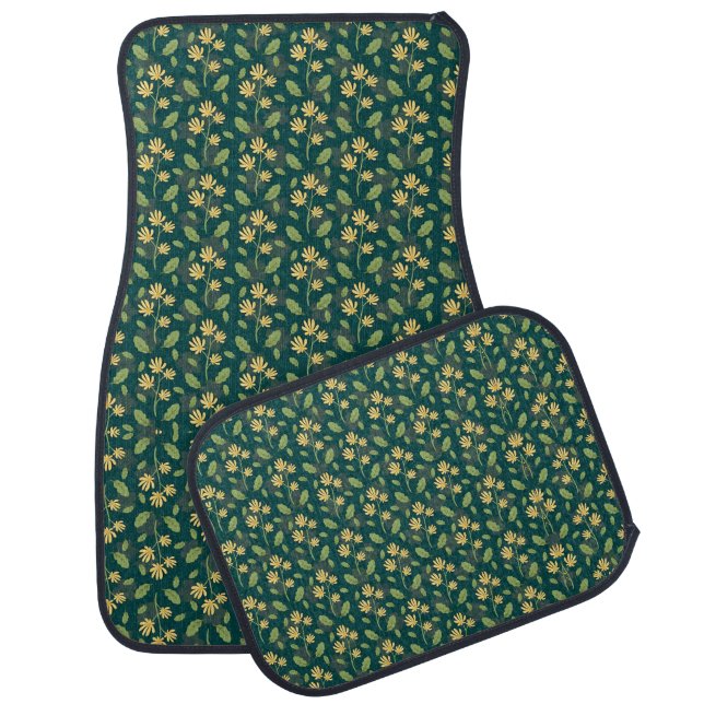 Vibrant Green Pattern with Yellow Flowers & Leaves Car Floor Mat (Set)