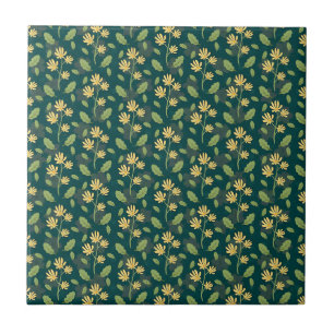 Vibrant Green Pattern with Yellow Flowers & Leaves Ceramic Tile