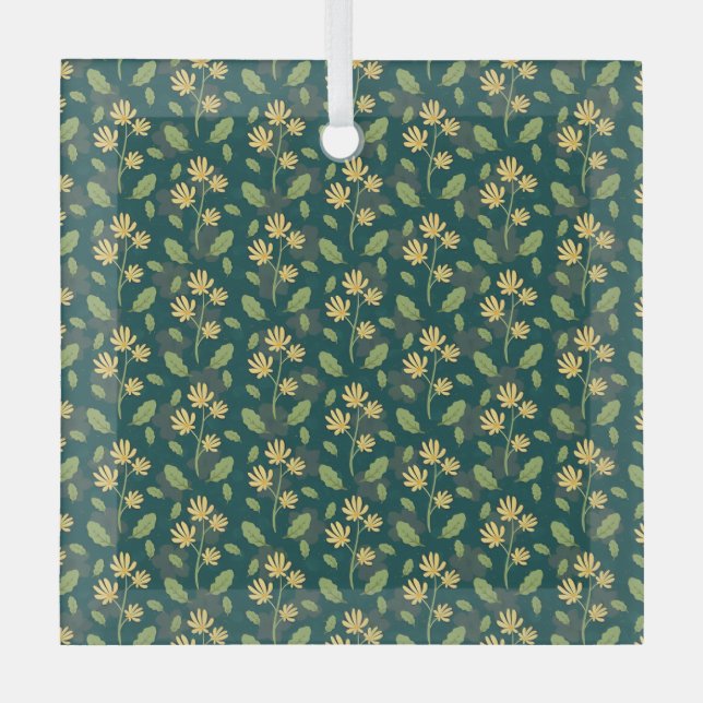 Vibrant Green Pattern with Yellow Flowers & Leaves Glass Ornament (Front)