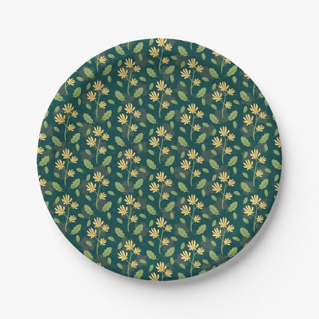 Vibrant Green Pattern with Yellow Flowers & Leaves Paper Plates (Front)