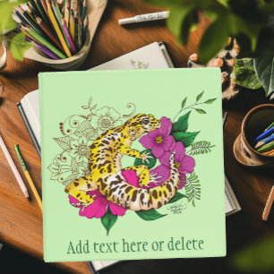 Vibrant Green Playful Leopard Gecko Floral  3 Ring Binder