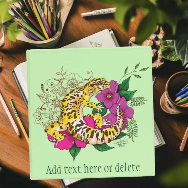 Vibrant Green Playful Leopard Gecko Floral  3 Ring Binder (Creator Uploaded)