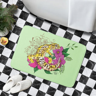 Vibrant Green Playful Leopard Gecko Floral  Bath Mat