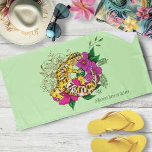 Vibrant Green Playful Leopard Gecko Floral  Beach Towel