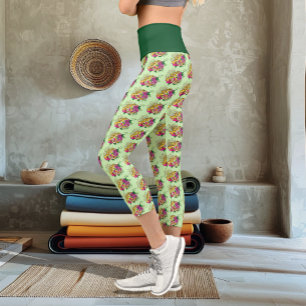 Vibrant Green Playful Leopard Gecko Floral Capri Leggings