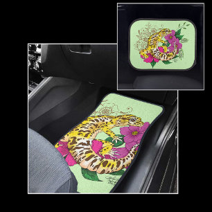 Vibrant Green Playful Leopard Gecko Floral Car Floor Mat