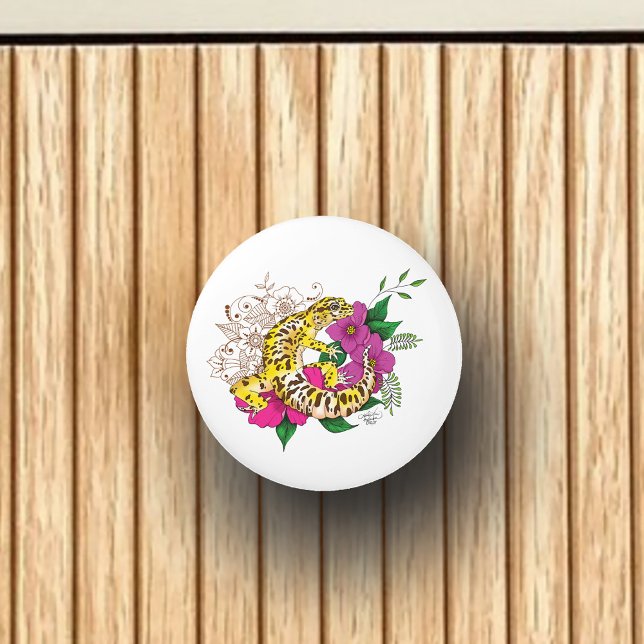 Vibrant Green Playful Leopard Gecko Floral  Ceramic Knob (Creator Uploaded)